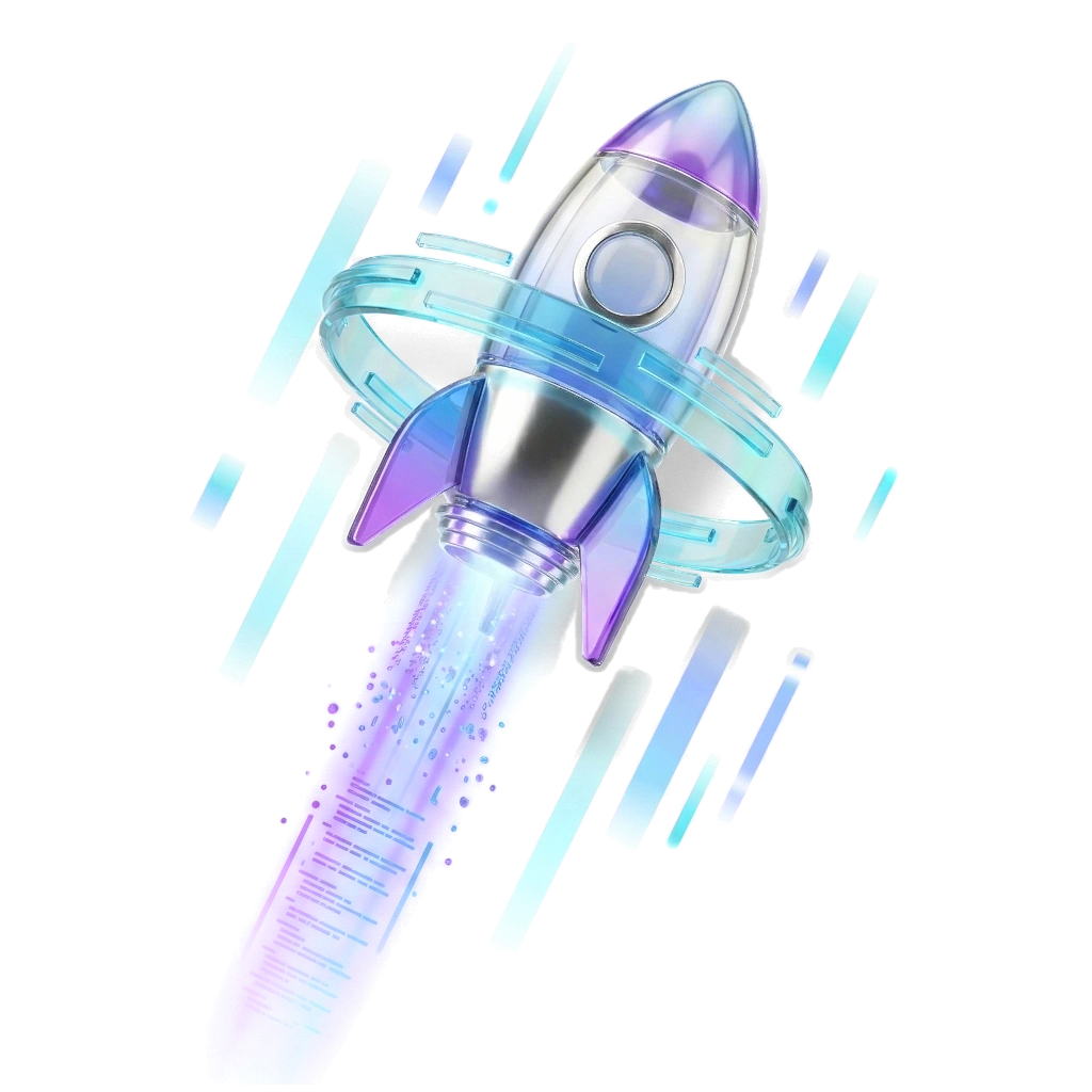 A rocket climbing steeply on a violet exhaust trail against motion lines.