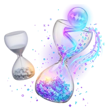 Two hourglasses: one heaped with glowing letters and overflowing, the other trickling single keycaps
