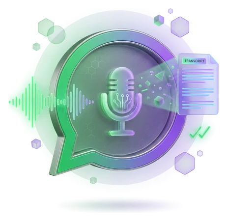 A glass chat bubble holding a green microphone, with a green waveform running through it and a voice note duration labelled beside it