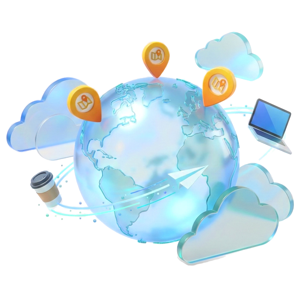 A globe ringed by clouds and location pins, with a laptop, a coffee cup and a paper plane orbiting it.