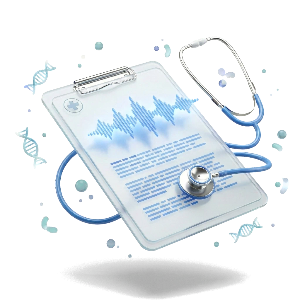 A clipboard whose printed lines begin on the left as a blue waveform, with a stethoscope resting across it.