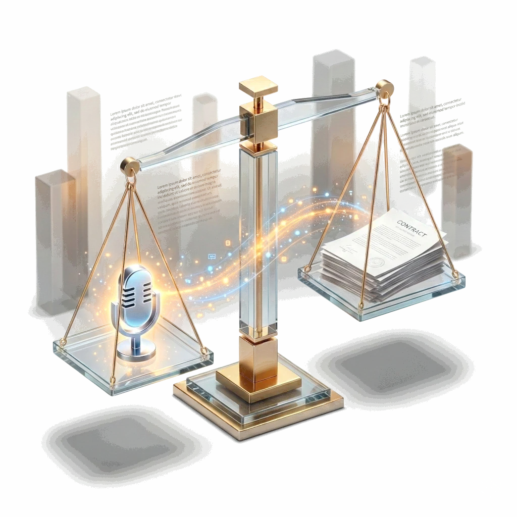 A pair of scales weighing a microphone on one pan against a stack of documents on the other, a thread of light running between them.