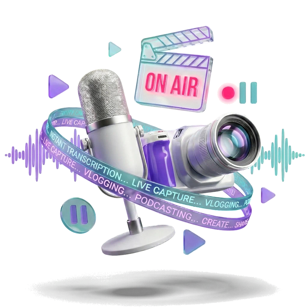 A studio microphone and camera lens wrapped in a ribbon reading live capture, vlogging and podcasting, beside an on-air sign.