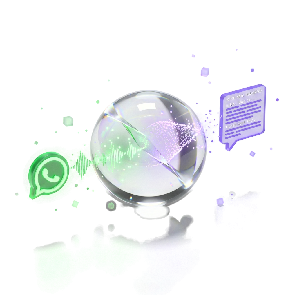 A dark sphere holding a purple network of connections, beside the WhatsApp mark and a message panel.