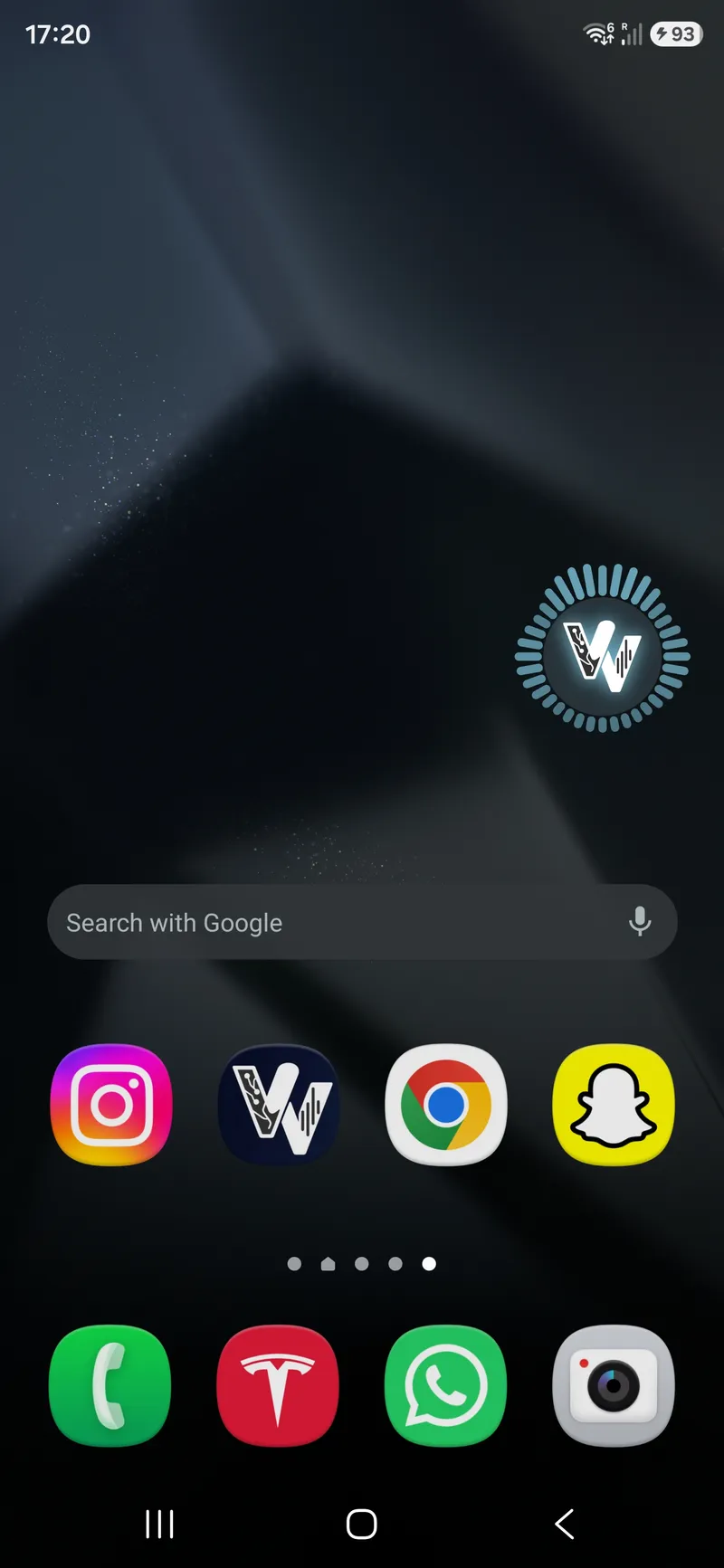 A phone home screen with the app grid visible and a small circular VibeVoice mark floating over it, ringed by a live audio meter.
