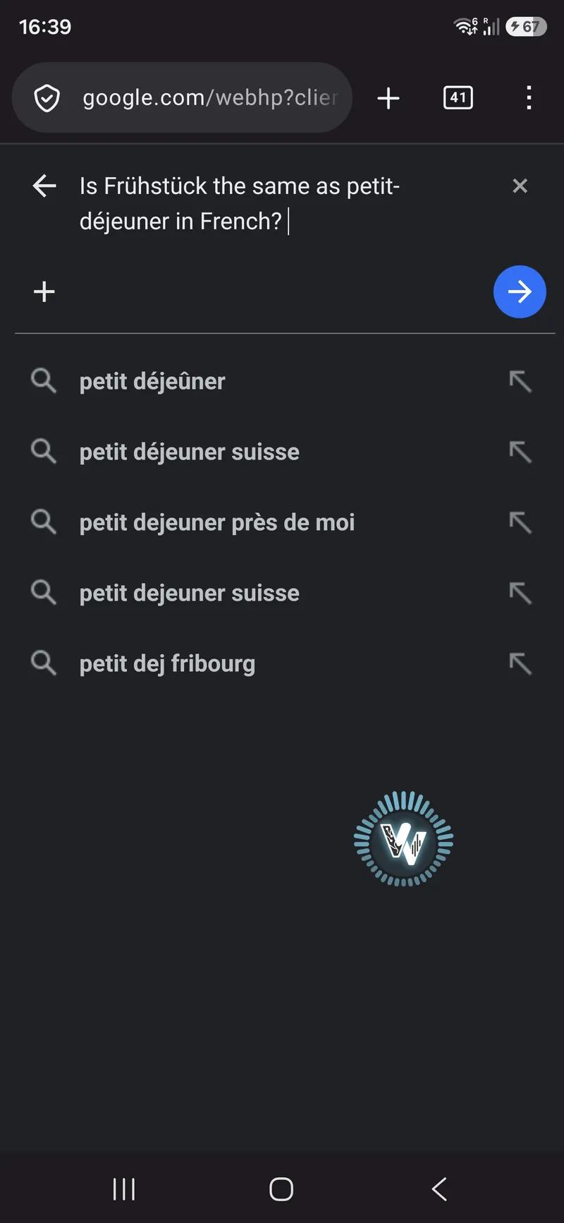 A phone search box holding one dictated question that begins in English, uses a German word and ends with a French one, with search suggestions beneath it.