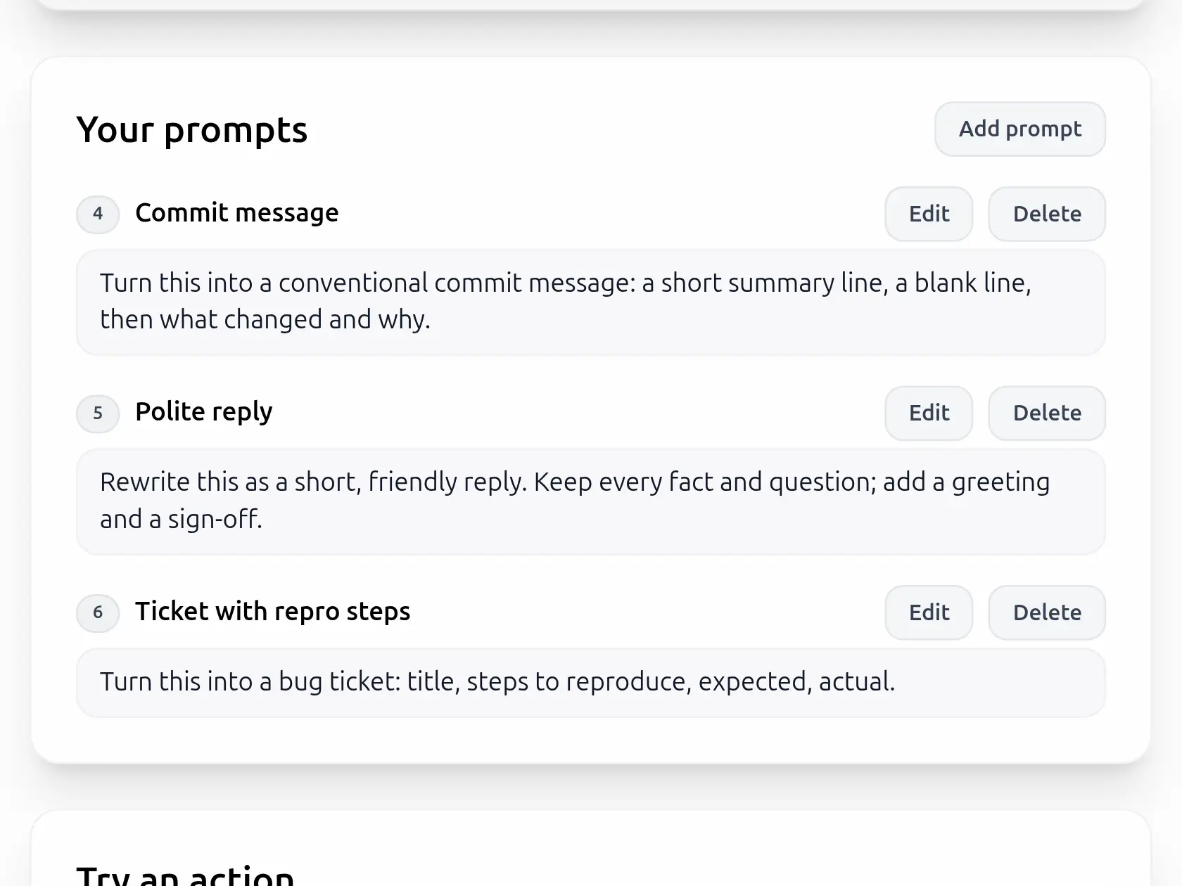 Three own prompts on the website, on keys 4, 5 and 6: commit message, polite reply, ticket with repro steps.