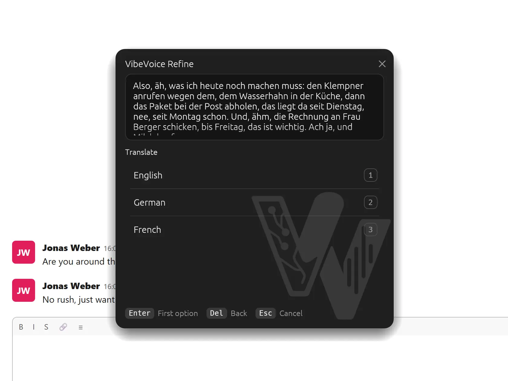 The Refine popup with Translate open: English, German and French on keys 1 to 3.