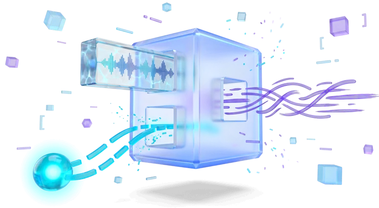 A glass housing with an orb feeding threads into one side and structured output emerging from the other.