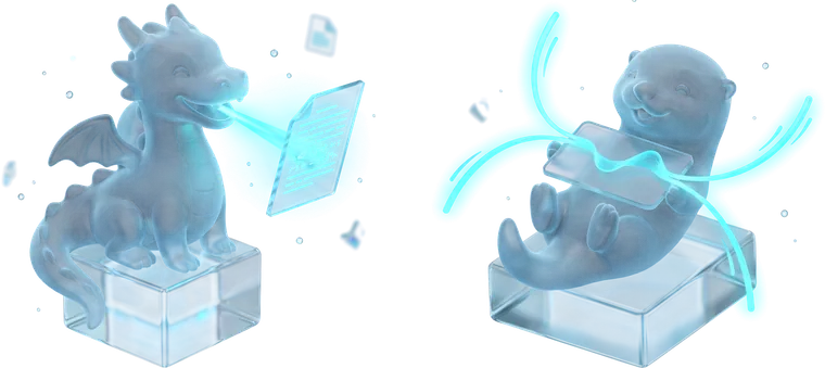 A glass dragon breathing one focused stream onto a single page, beside a glass otter on its back with a slate, four separate strokes merging into one ribbon.