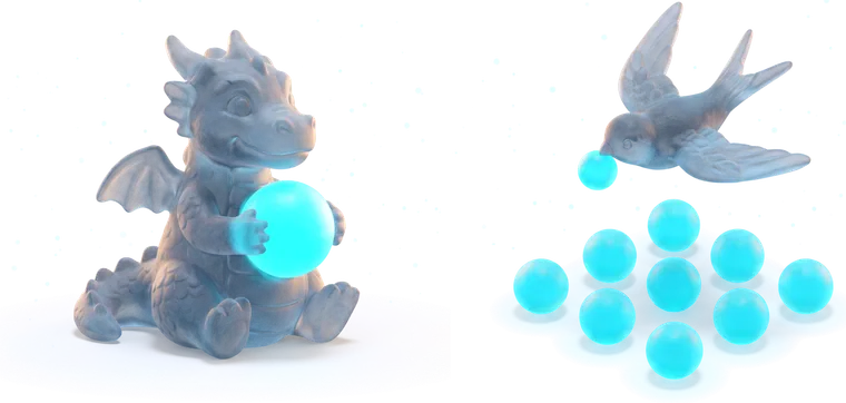 A glass dragon guarding a single large sphere beside a glass swift carrying twelve small ones — one payment against a monthly one.
