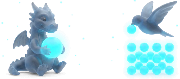 A glass dragon holding one large glowing sphere, beside a glass swift above a bed of nine small ones — one payment against a recurring one.