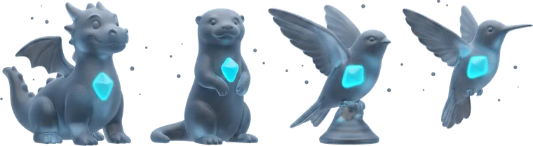 Four glass creatures — a dragon, an otter, a swift and a hummingbird — standing in one even row under identical light.