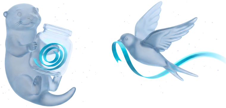 A glass otter holding a sealed jar with a ribbon of text coiled inside, beside a glass swift in flight trailing the identical ribbon away.