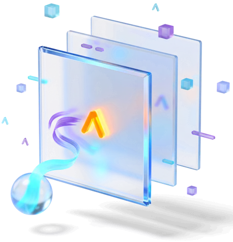 Three translucent panels stacked in depth, with a single ribbon threading up through all of them from an orb below.
