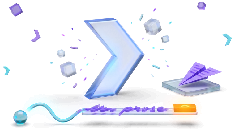A frosted glass prompt chevron with a line of prose settled along it and an amber caret at its end, beside a small paper plane folded from the same strokes, still on its pad.