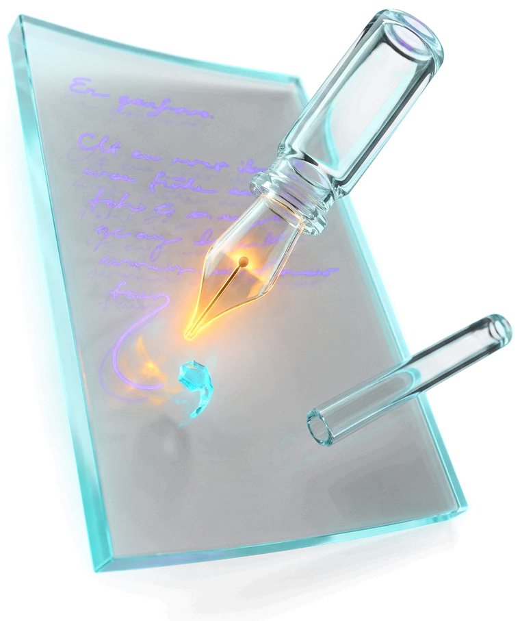 A glass page with a paragraph settling onto it, small cyan beads seating themselves into the gaps as commas and full stops.