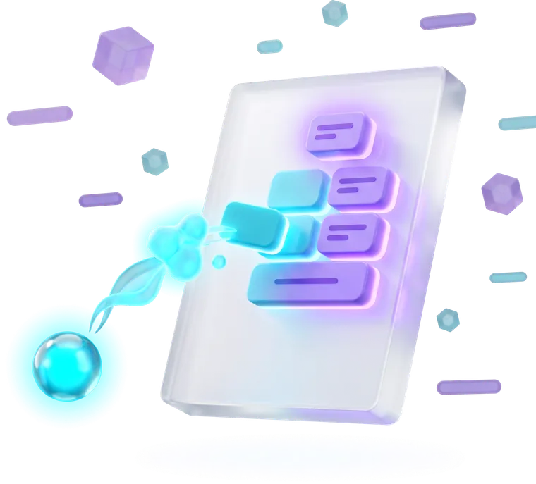 Glass blocks assembling themselves into an ordered page, fed by a stream rising from a small glowing orb.