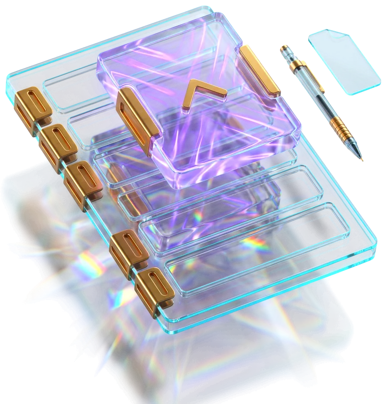 A glass page built from stacked blocks, one lifted clear by its brass grip and full of purple light, the slot it left standing empty.