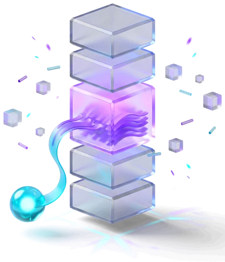 Five stacked glass slabs with only the middle one filled and glowing, the rest left empty.