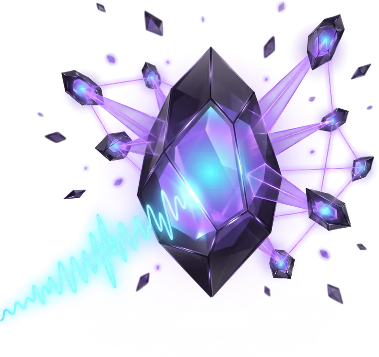 A dark obsidian crystal with note-graph edges radiating outward from its facets.