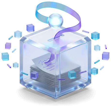 A sealed glass cube holding a stack of pages, with a single ribbon arcing out of it to an orb above.