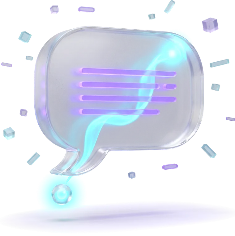 A glass chat bubble filling with settled lines of text, fed by a stream that begins at a small glowing orb inside the frame.
