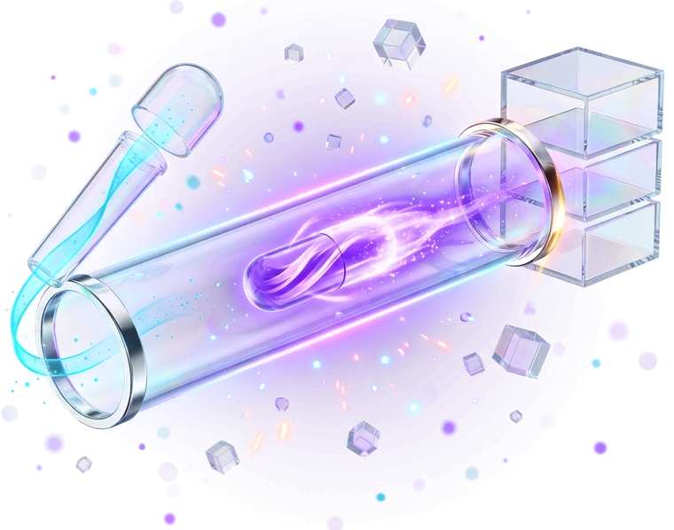 A sealed glass vial holding a bright violet swirl, a pipette resting against it and three empty glass boxes stacked behind.