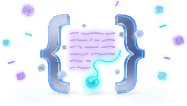 A large pair of glass curly braces with prose between them, the text arriving from a glowing orb inside the frame.