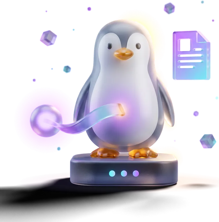 A frosted-glass penguin on a terminal-window plinth, with a ribbon of text arriving from a glowing orb beside it.