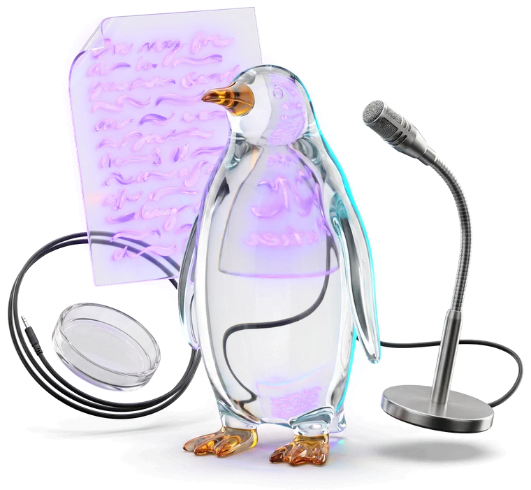 A penguin of clear optical glass standing on its own feet, a page of purple text refracted inside its body, a steel microphone beside it.