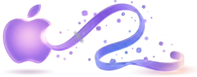 A continuous glass ribbon of text leaving an apple-shaped source, with a faded marker early on the route where Apple's own dictation stops.