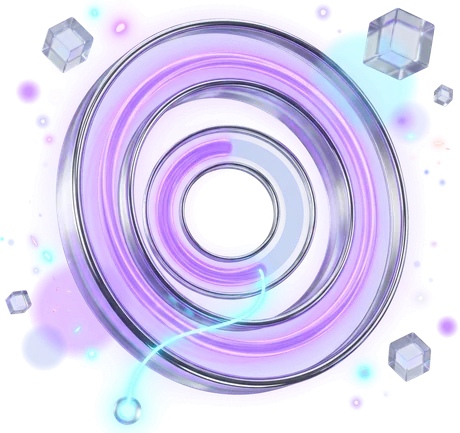 Concentric rings of clear glass with one violet band running unbroken through them, a single cyan thread crossing the gap.