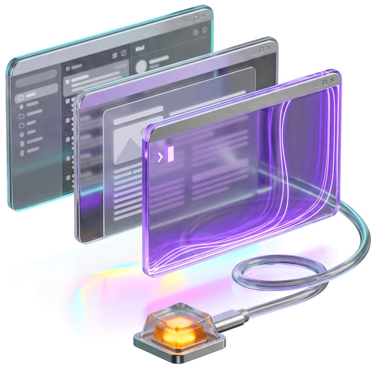 Three overlapping glass application windows, only the front one filling with purple text, and a pressed glass keycap glowing amber below.
