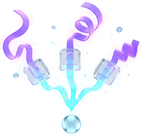 One wave forks into three glass keys marked with a sparkle, a globe and three bars; the last ribbon comes out short.
