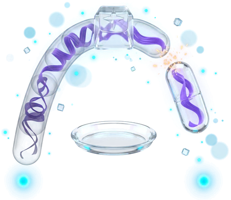 A glass capsule carries a purple ribbon along an arc through one glass key and comes out smoother; the tray beneath stays empty.