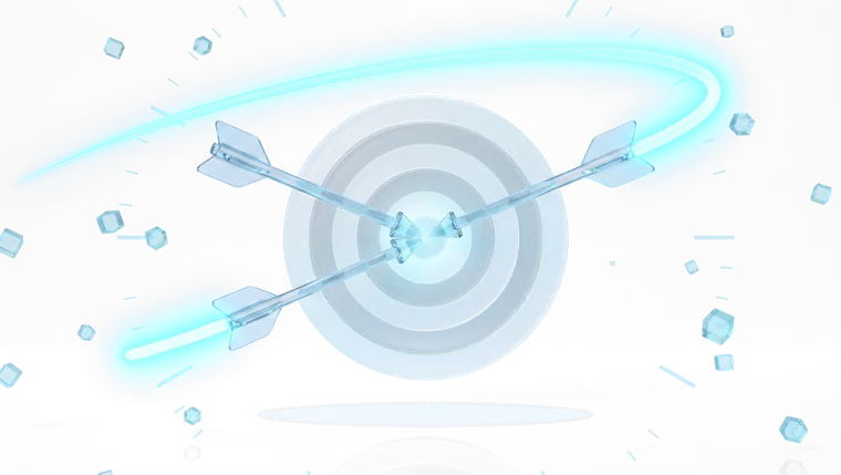 Two glass arrows struck into the same point of one target — one arriving with a long motion trail, the other with almost none.