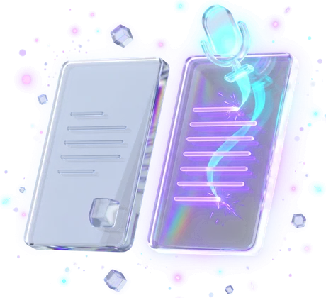 Two slabs side by side: the left one carrying four short ruled lines, the right filled with dense glowing text under a microphone.