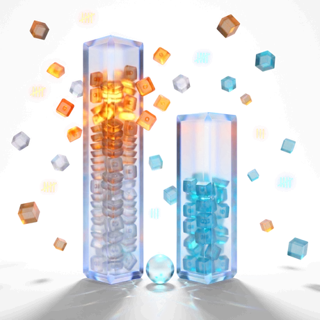 Two upright glass cylinders: the taller densely packed with glass keycaps, the shorter holding a small cyan volume.
