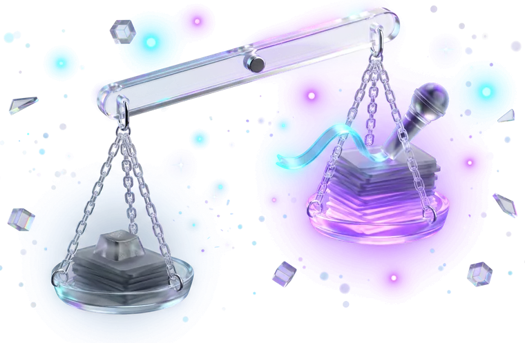 A glass balance: a small grey keyboard weighing down one pan, a taller glowing stack under a microphone on the other, the beam plainly tipped.
