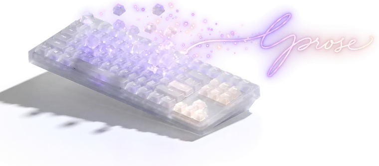 A glass mechanical keyboard whose keys lift away and dissolve into light, reforming as one continuous line of prose.