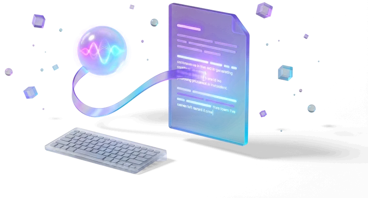 A pale glass keyboard pushed aside and unlit, while a glowing orb feeds a ribbon of voice into a document that is still being written.