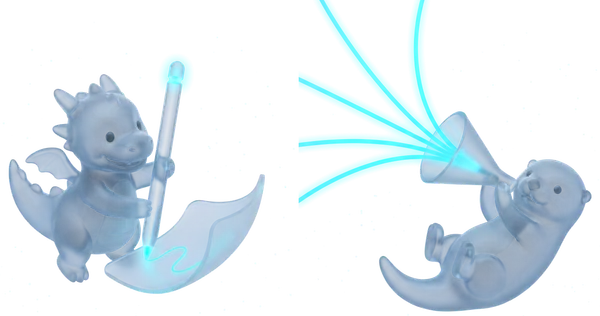 A glass dragon drawing on a single page with a stylus, beside a glass otter on its back catching four separate voices through a horn.