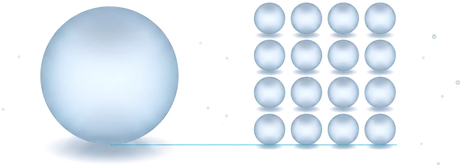 One large glass sphere on the left and twelve small ones on the right, occupying the same volume, joined by a level line.