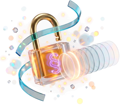 An open glass padlock with a brass hasp and a steady amber light burning inside it, beside a row of twelve glass discs that dim and vanish along the line.