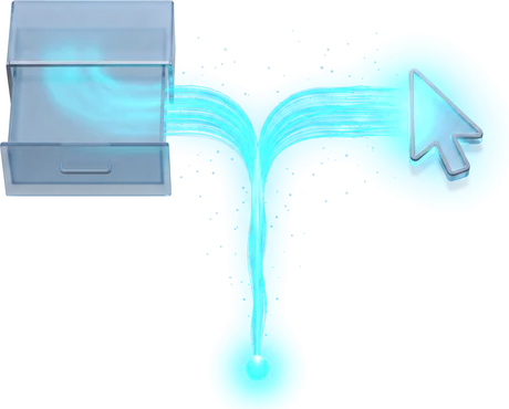 A stream of light rising to a fork: one branch ends inside a closed drawer, the other at a lit cursor on an open page. Both branches are identical.