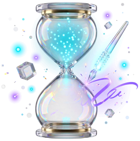 An hourglass whose upper bulb is still full and unfallen, beside a steel pen laying a line of wet purple ink on paper.