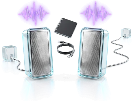 Two identical glass desk speakers raising the same purple waveform: one draws from a power block beside it, the other along a longer cable to an identical block further away.
