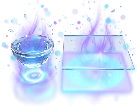 The same water twice: a cut glass bowl filled to the brim, and the same amount run out over a flat sheet as a thin film reaching four times as far.