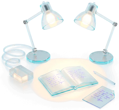 Two identical glass desk lamps throwing the same warm pool onto the same handwritten page; the left one has a cable to a power block, the right one has none and is exactly as bright.